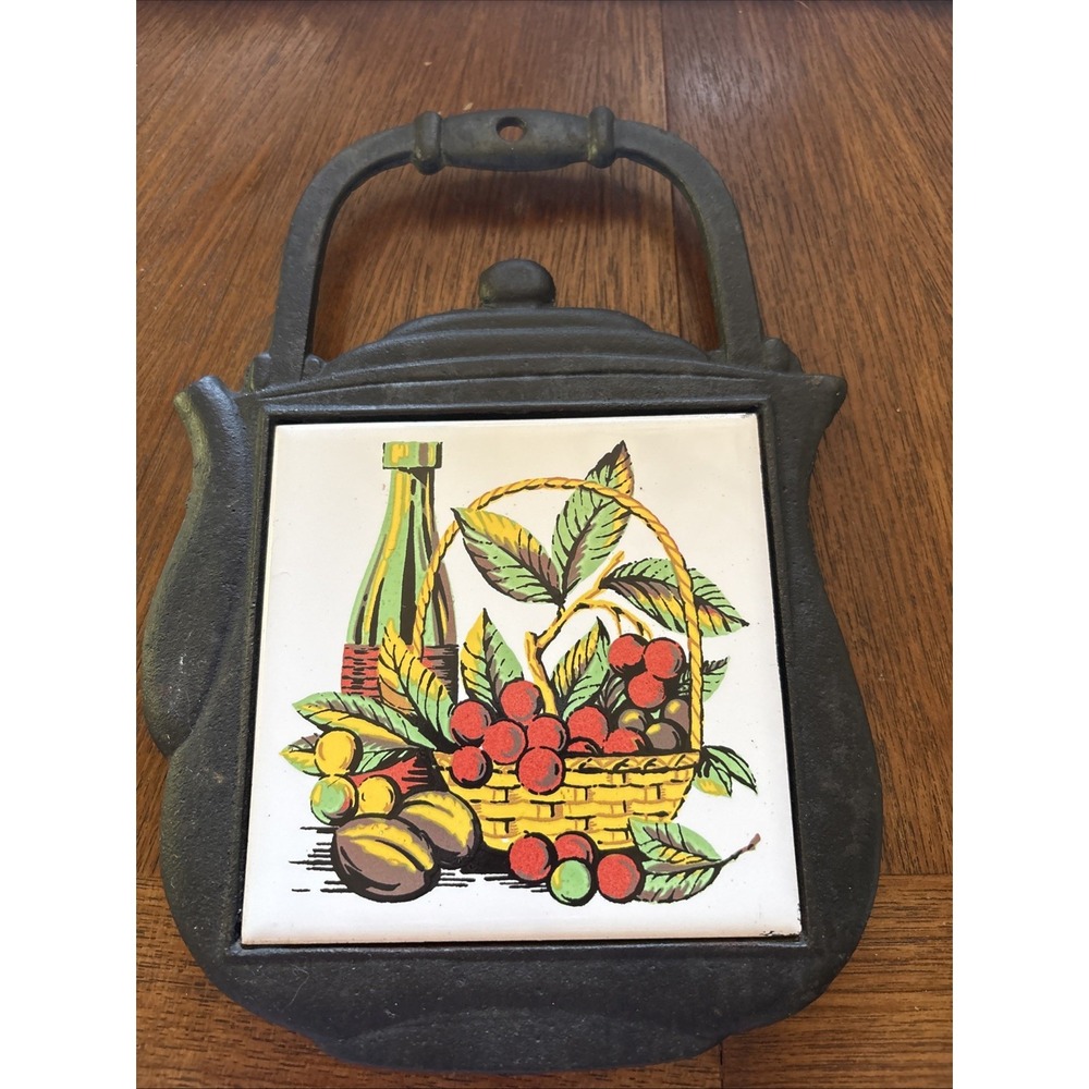 Trivet Cast Iron Teapot Ceramic Tile Red Apples Flowers Hot Pot Decorative 1980